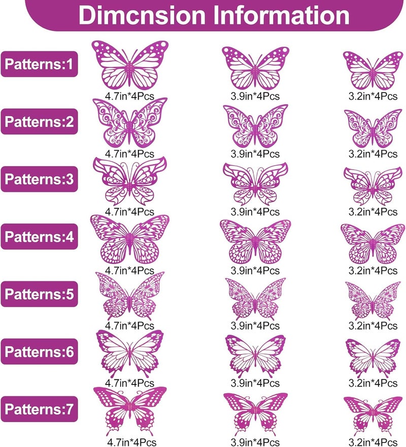 Rindion 84PCS 3D Butterfly Decorations, 3 Sizes 7 Styles Butterfly Wall Decor Purple Butterflies Decorations for Cake, Butterflies Party, Birthday, Wall - Image 2